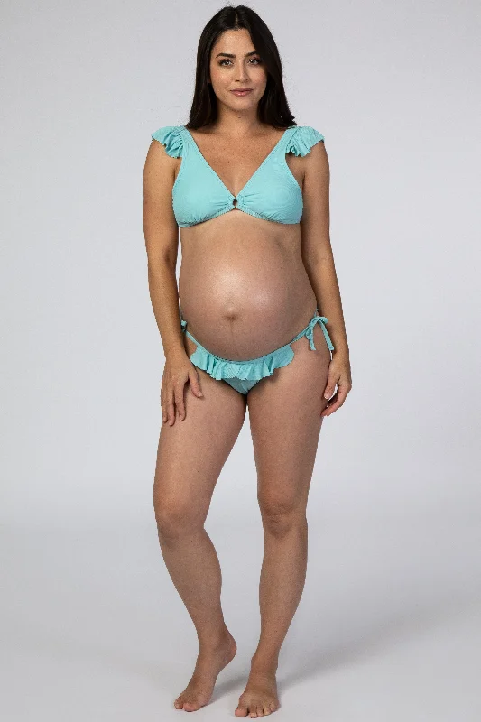 Light Blue Ribbed Ruffle Trim Bikini Maternity Set