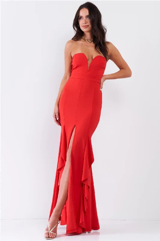 Flaming Red Sleeveless Plunging Sweetheart Neckline Ruffle Trim Front Slit Detail Fitted Maxi Dress /2-2-2