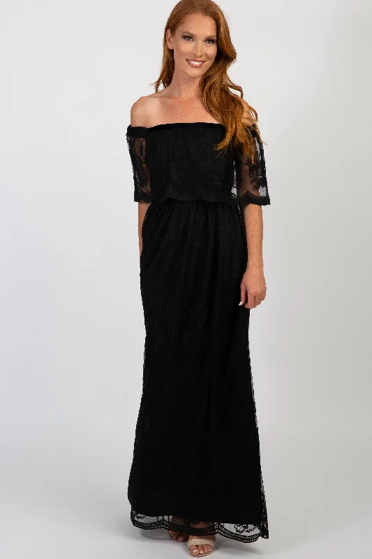 Black Lace Mesh Overlay Off Shoulder Maxi Dress