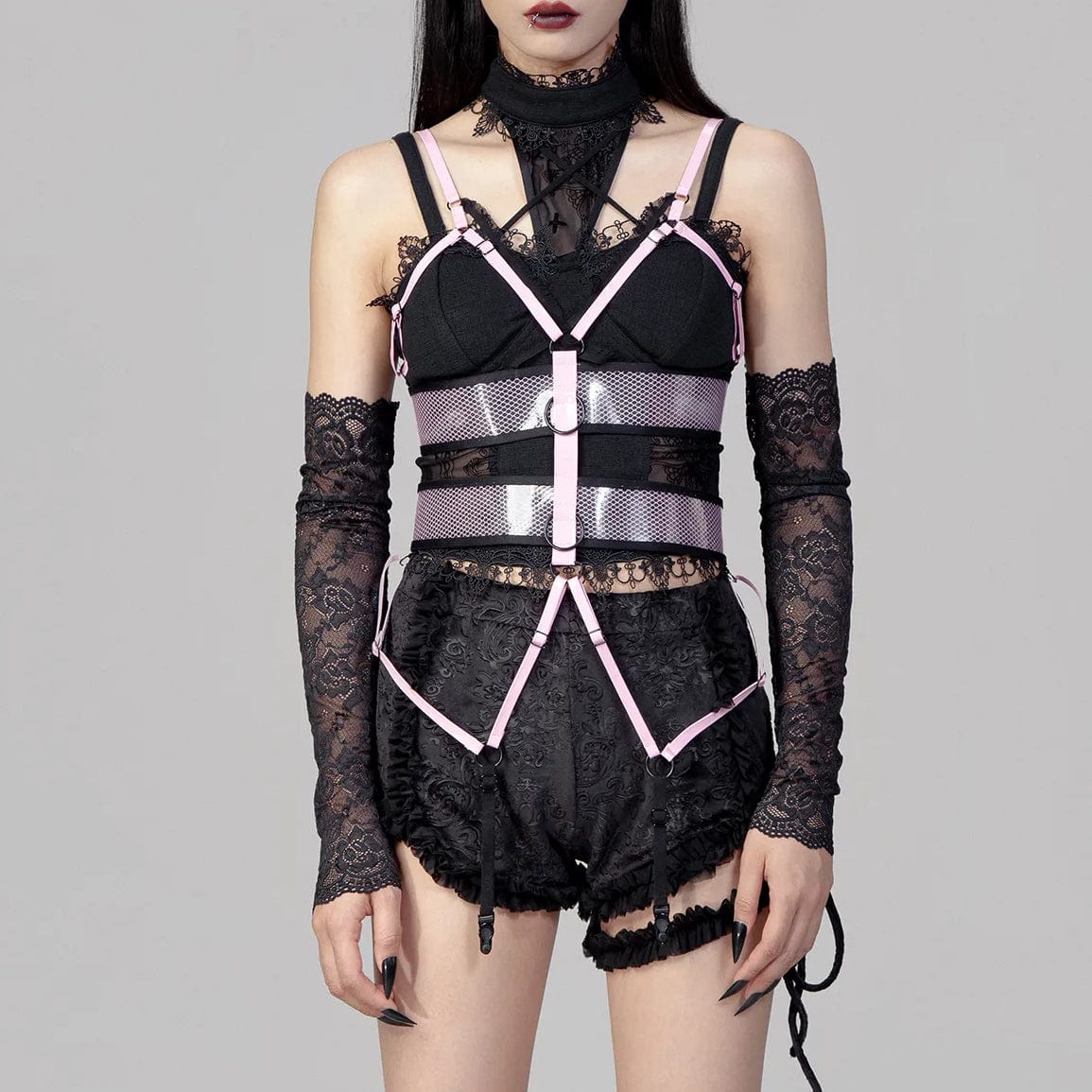 Women's Punk Straps Mesh Body Harness Pink