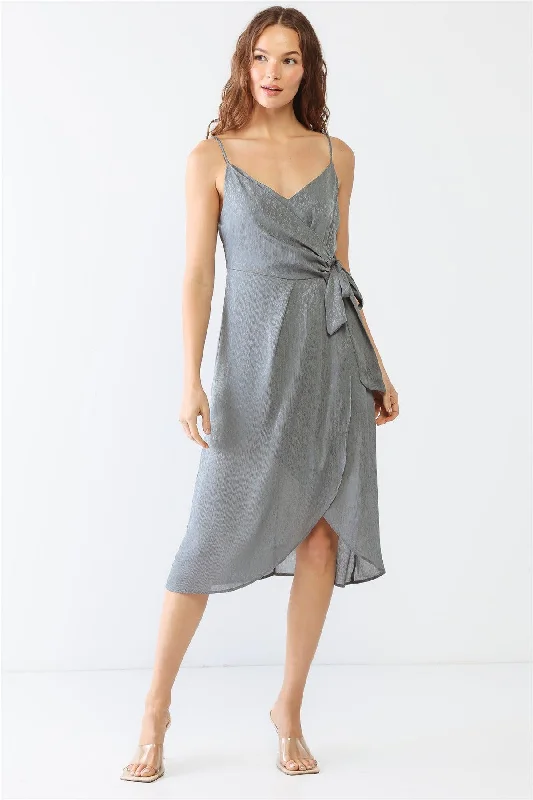 Grey Floral Print Satin Wrap V-Neck Strappy Wrap Midi Dress /1-2-2