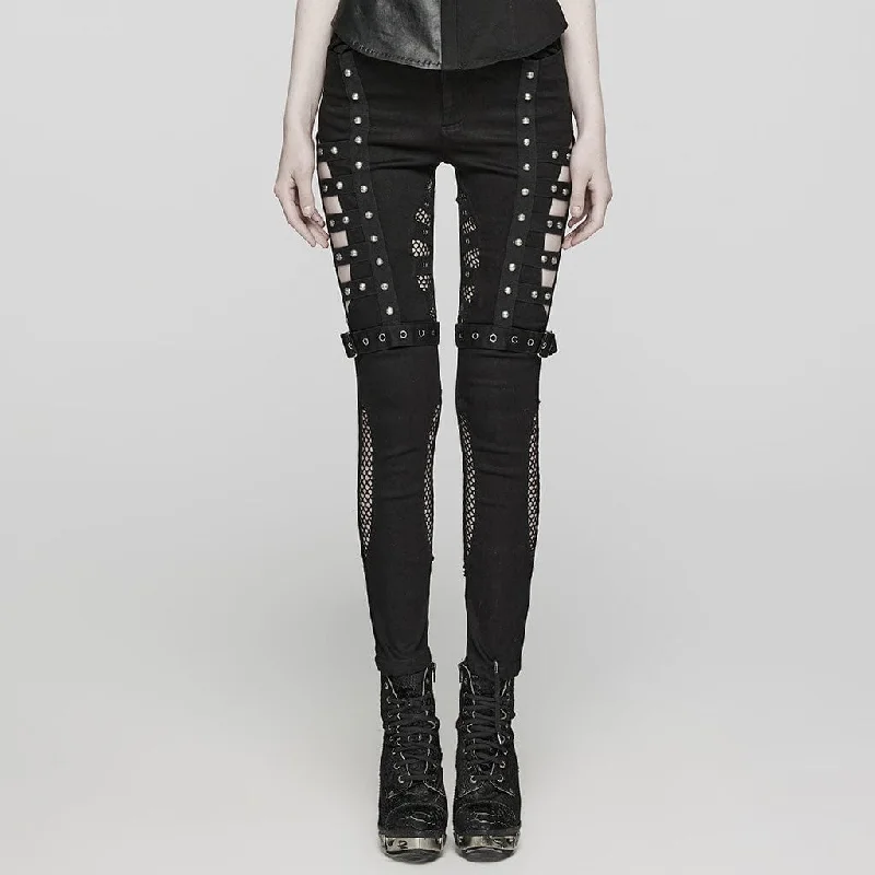 Women's Punk Cutout Mesh Eyelet Jeans