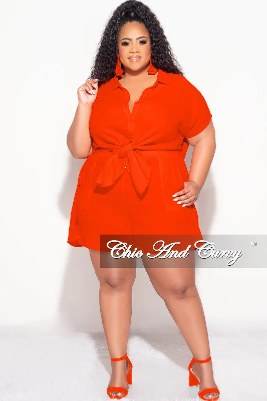 Final Sale Plus Size 2pc Collar Button Up Lien Top Tie And Short Set In Orange