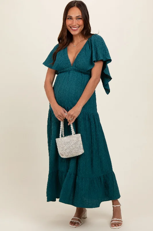 Emerald Deep V-Neck Flutter Sleeve Tiered Maternity Midi Dress