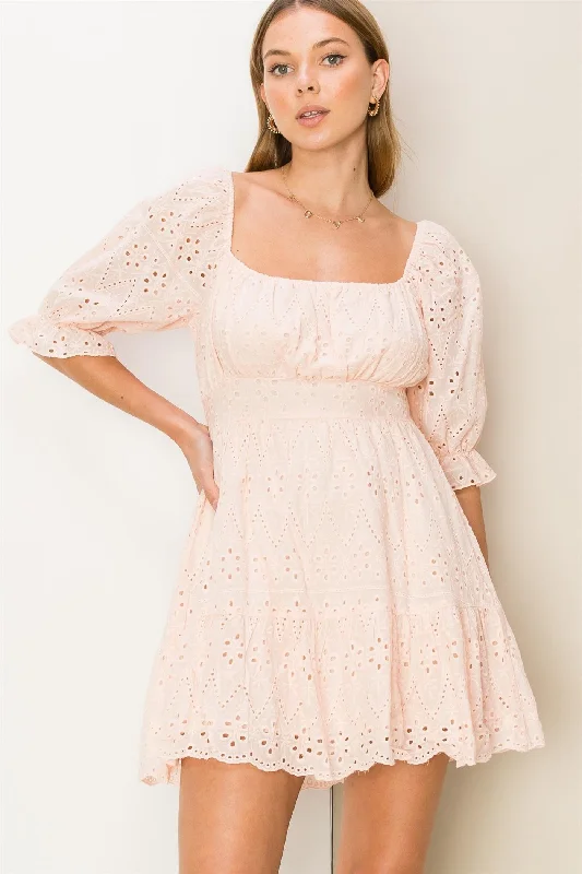 Blush Bow-Detail Eyelet Mini Dress