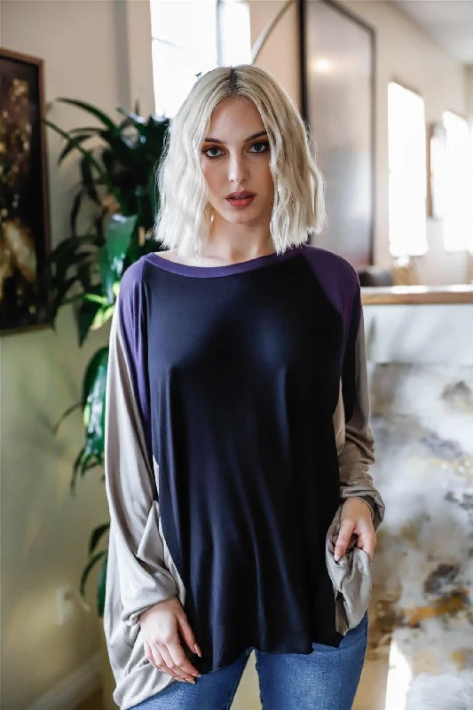 Black & Purple Colorblock Dolman Sleeve Oversized Top /2-2-2