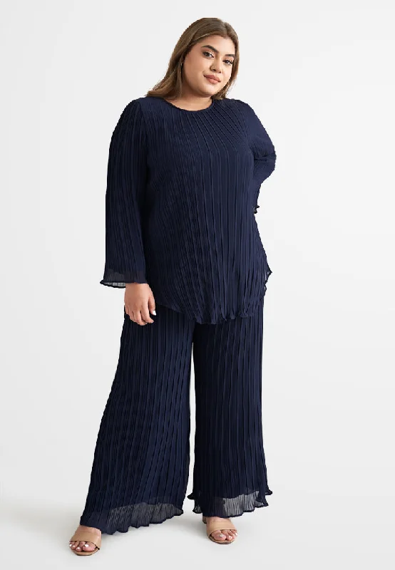 Pearly Chiffon Pleated Pants Set - Navy Blue