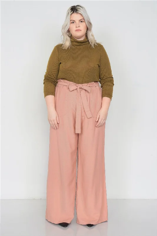 Plus Size Mauve Flounce Trim High-Waist Wide Leg Pant