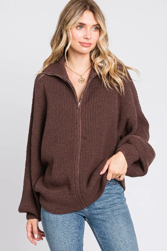 Brown Oversized Zip Up Cardigan