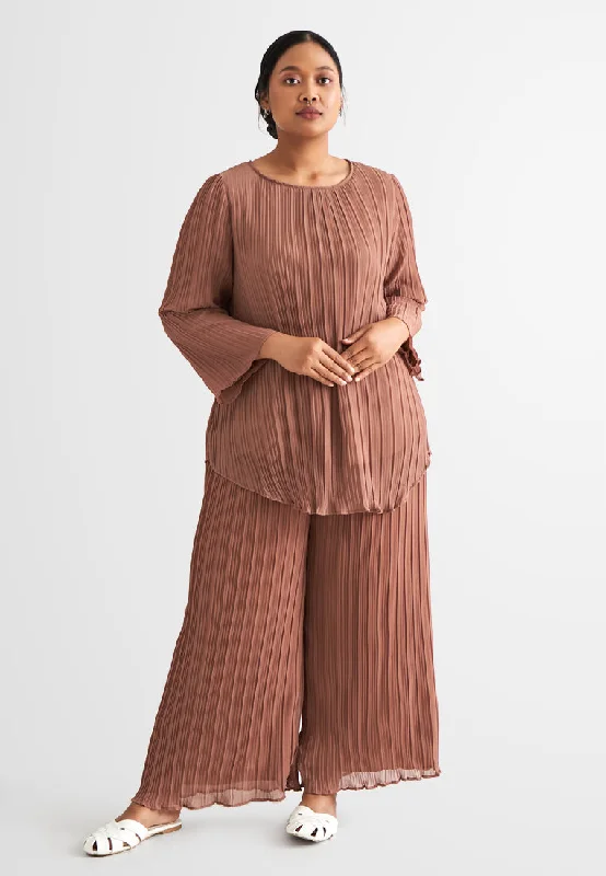 Pearly Chiffon Pleated Pants Set - Brown