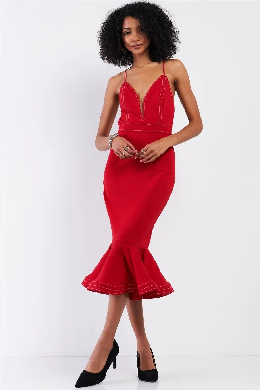 Red Sleeveless Deep V-Neck Mermaid Tail Flare Hem Midi Dress /3-2-1