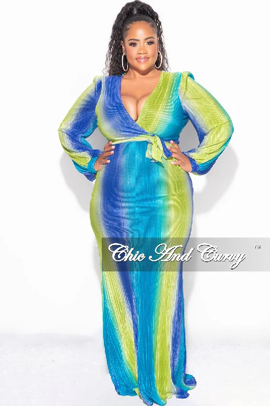 Final Sale Plus Size 2pc Long Sleeve Crop Tie Top and Skirt Set in Pleated Purple, Lime, & Turquoise Queen