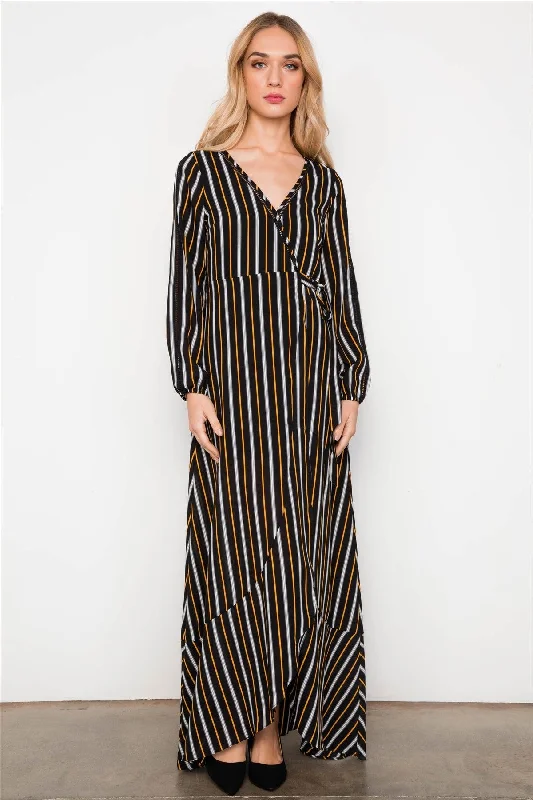 Black Orange Stripe Wrap Around Hi-Low Ladder Trim Maxi Dress / 2-2-2