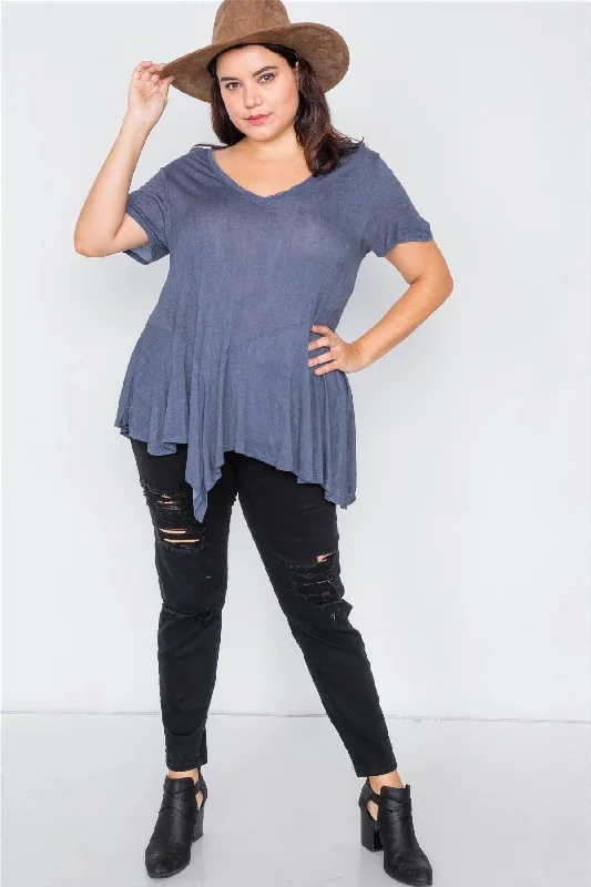 Junior Plus Size Indigo High-Low Relaxed Fit Raw Hem Top /1-2-2