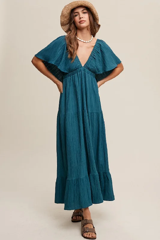 Emerald Deep V-Neck Flutter Sleeve Tiered Midi Dress