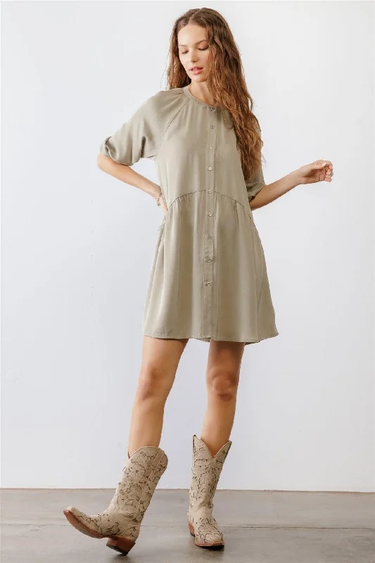 Dark Sage Satin Button-Up Puff Midi Sleeve Relaxed Fit Mini Dress /3-2-2