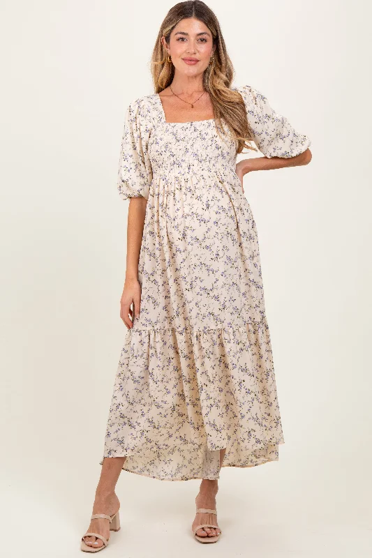 Ivory Floral Smocked Hi-Low Puff Sleeve Maternity Maxi Dress