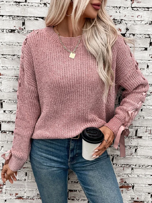 Lace Up Round Neck Long Sleeve Sweater