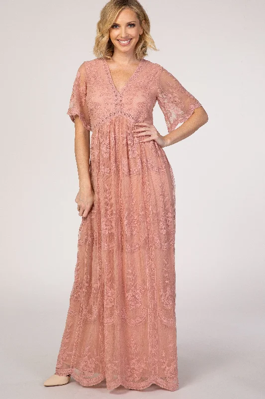 PinkBlush Light Pink Lace Mesh Overlay Maxi Dress