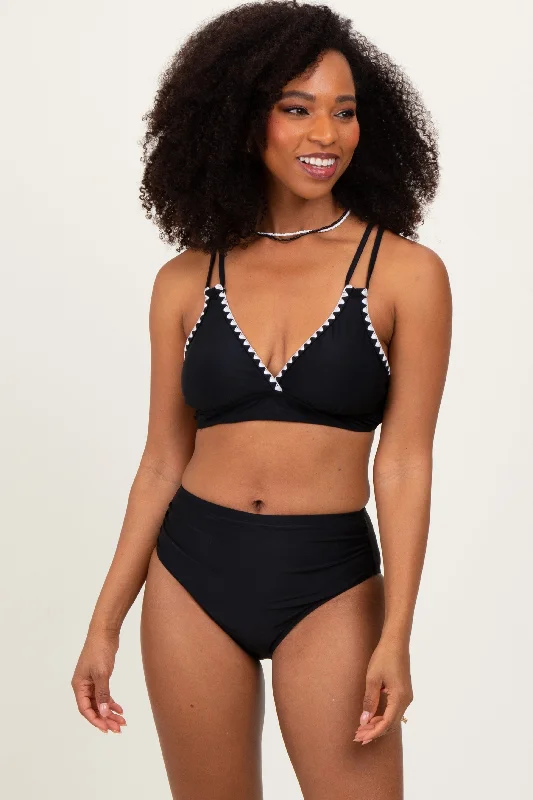 Black Crochet Detail Double Strap Bikini Set