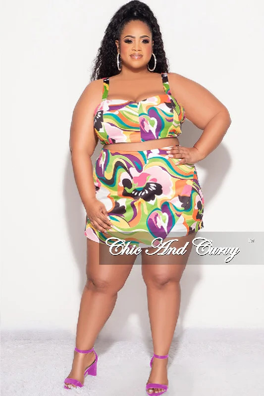 Final Sale Plus Size 2pc Strapless Crop Top and Skort Set in Multi Color Print