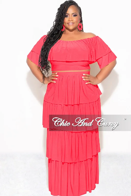 Final Sale Plus Size 2pc Ruffle Tiered Off the Shoulder Crop Top Maxi Skirt Set in Coral