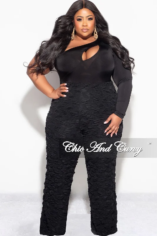 Final Sale Plus Size 2pc One Shoulder Cutout Bodysuit Top and Pants Set in Black