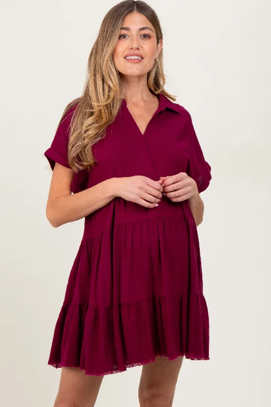 Burgundy Tiered Linen Maternity Dress