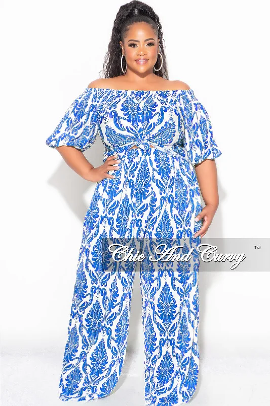 Final Sale Plus Size Off the Shoulder Pleated Tie Top and Palazzo Pants Set in Royal Blue and White