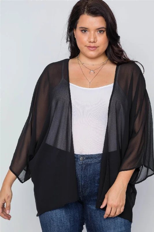 Plus Size Black Sheer Batwing Sleeves Cover Up /2-3