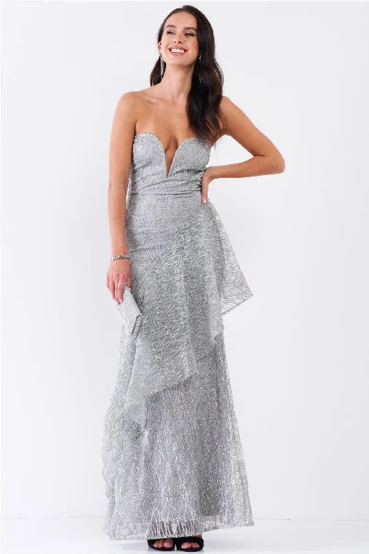 Frost Queen Silver Glitter Strokes Sleeveless Sweetheart Neckline Drape Trim Maxi Dress /3-2-1