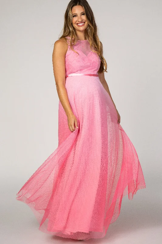 Pink Tulle Ombre Mesh Maternity Evening Gown