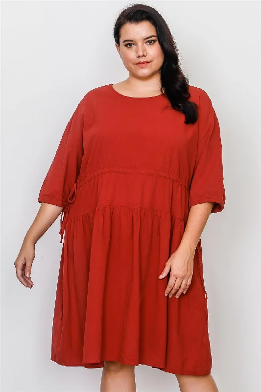 Junior Plus Size Rust Tie Sleeve Loose Midi Dress /2-2-2