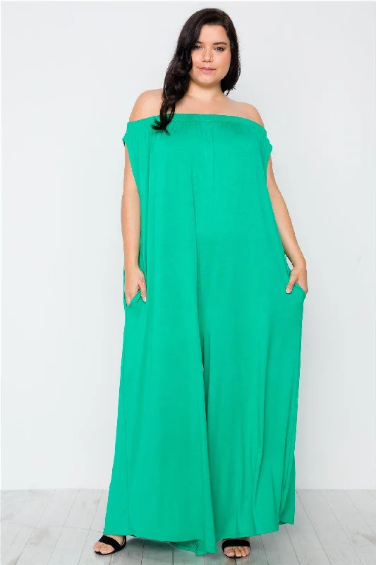 Junior Plus Size Kelly Green Basic Off-The-Shoulder Jumpsuit / 2-2-2