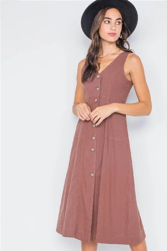 Marsala Button-Front A-Line Midi Dress