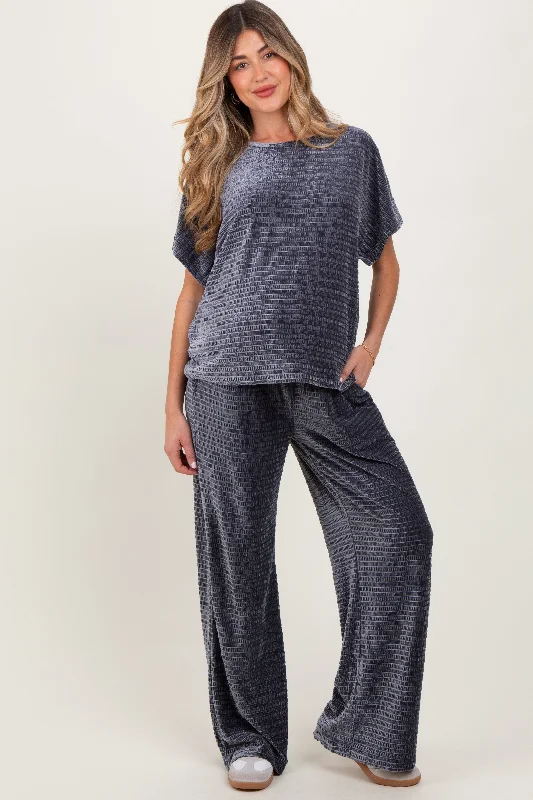 Gray Blue Textured Velvet Lounge Pant Maternity Set