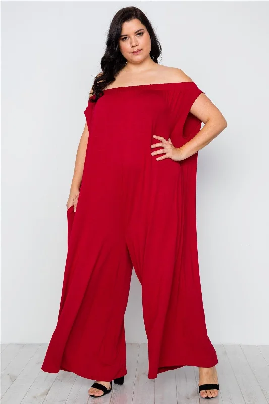 Plus Size Red Basic Off-The-Shoulder Jumpsuit /1-2-3