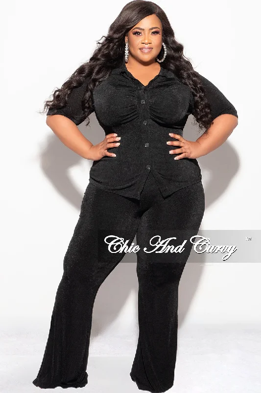 Final Sale Plus Size 2pc Slinky Button Up Collar Short Sleeve Top and Pants Set in Black