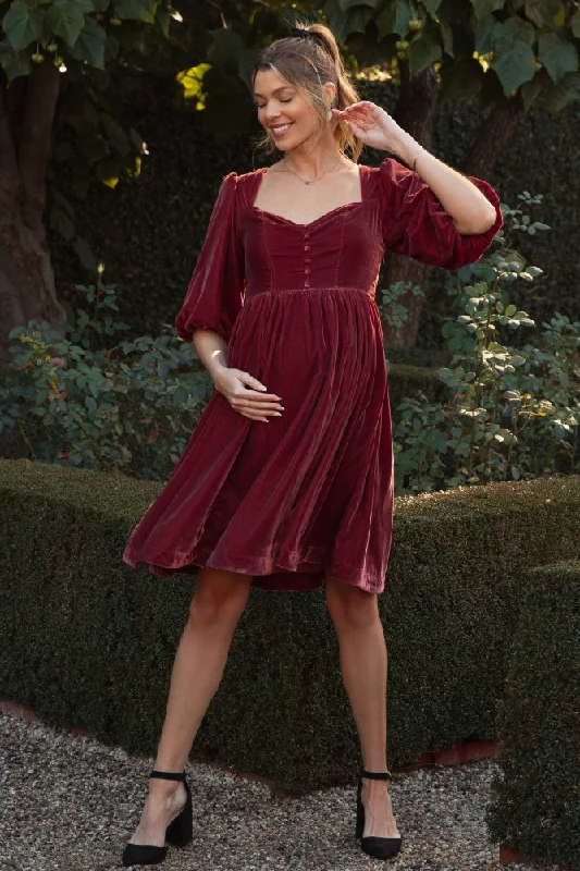 Burgundy Velvet Sweetheart Button Accent Maternity Dress