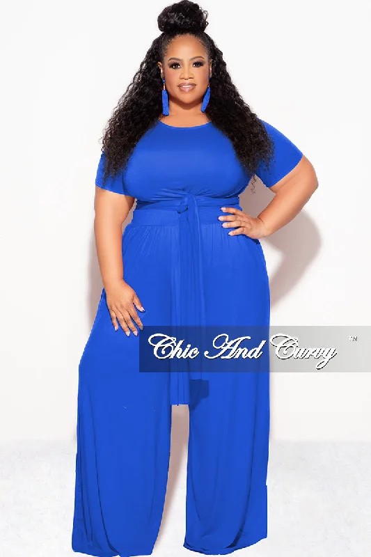 Final Sale Plus Size 2pc Short Sleeve Tie Top and Pants Set in Royal Blue