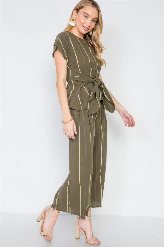 Olive Stripe Two Piece Top Wide Leg Pant Set /3-1-1