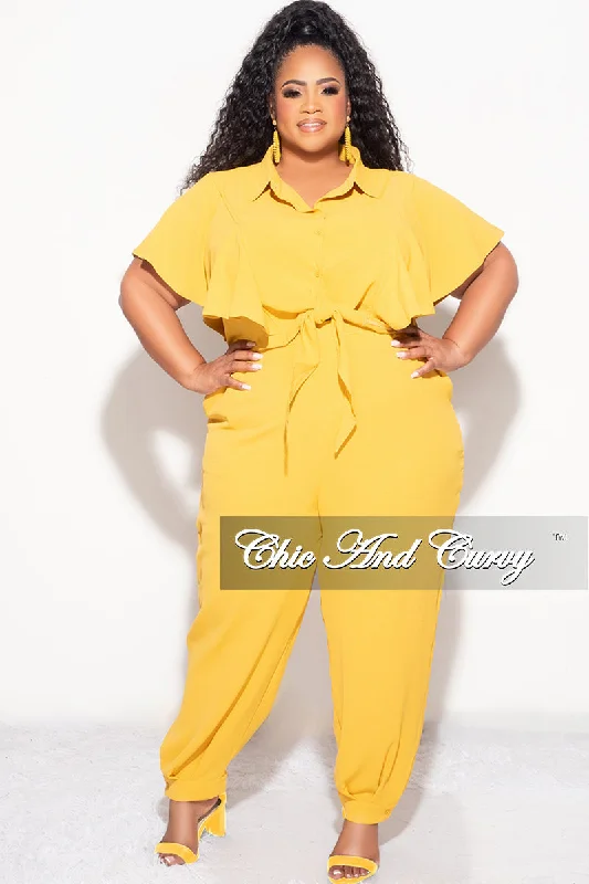 Final Sale Plus Size 2pc Button Up Collar Top and Pants Set in Mustard