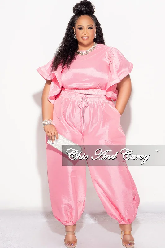 Final Sale Plus 2pc Ruffle Top and Balloon Pants Set in Pink