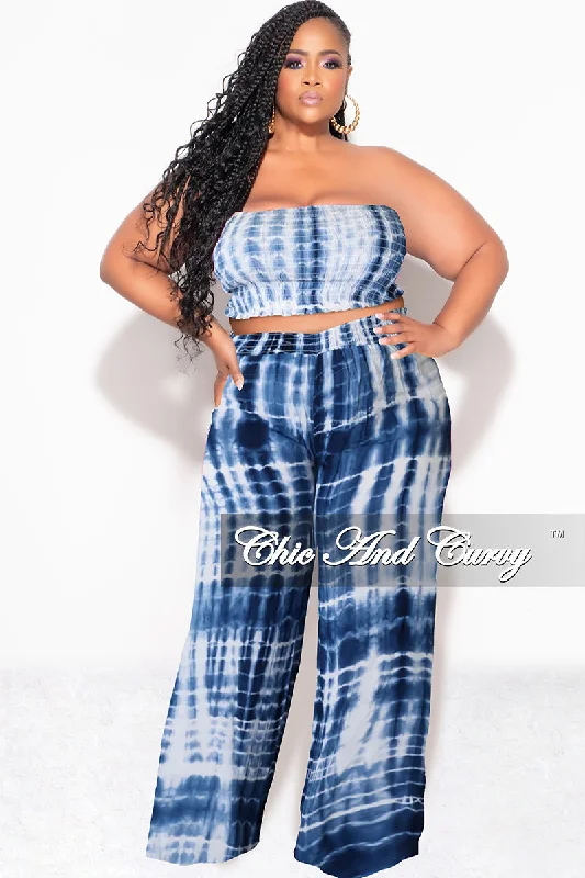 Final Sale Plus Size 2pc Strapless Frill Crop Top and Palazzo Pants Set Blue & White Tie Dye Print