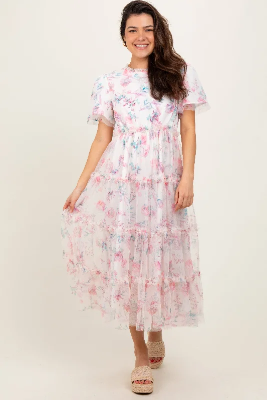 Ivory Floral Mesh Ruffle Tiered Midi Dress