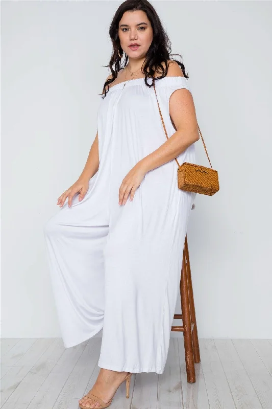 Plus Size White Off-The-Shoulder Loose Fit Jumpsuit / 2-2-2