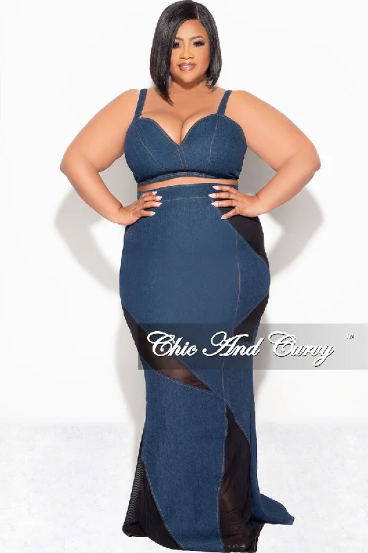 Final Sale Plus Size 2pc Spaghetti Strap Crop Top and Sheer Maxi Skirt Set in Denim and Black