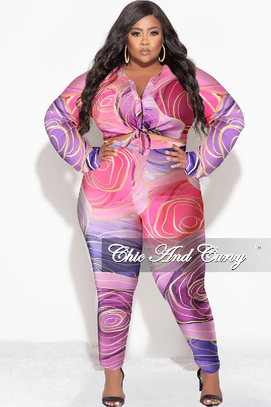 Final Sale Plus Size 2pc Button Up Collar Top and Pants Set in Pink Multi Color Design Print