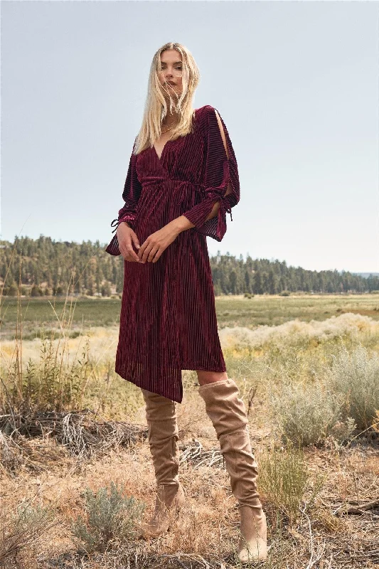 Wine Velvet Ribbed Asymmetrical Wrap V-Neck 3/4 Balloon Sleeve With Cut-Out Detail Midi Dress /2-2-1