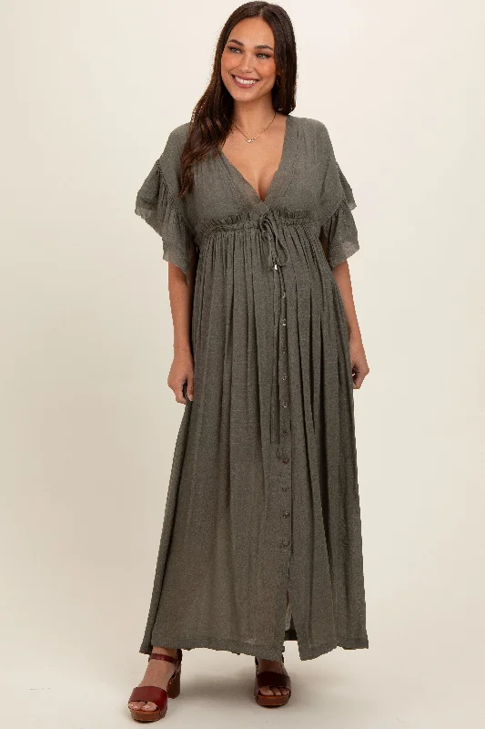 Olive Deep V-Neck Button Down Maternity Maxi Dress